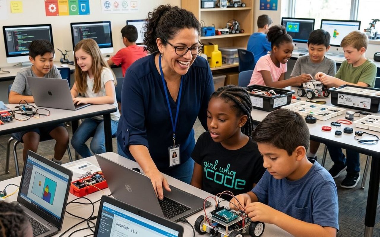 Mentor mendampingi peserta kelas robotika dan pemrograman